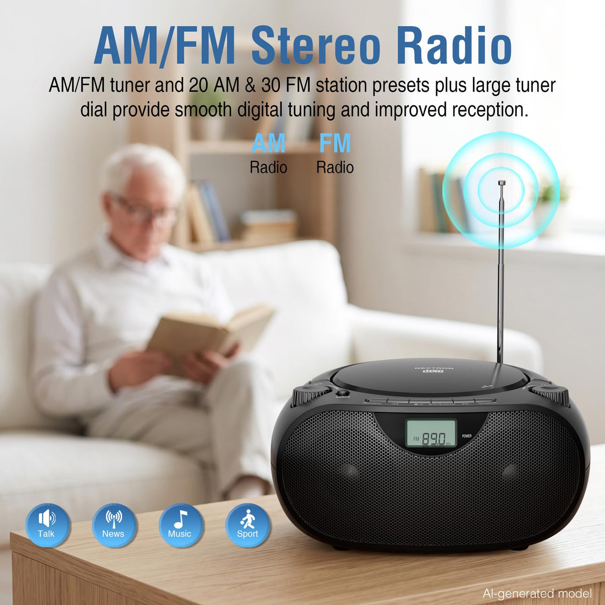 Nextron Portable CD Player Boombox with Bluetooth, AM/FM Radio & USB | CD-R/RW, MP3-CD & USB Playback, Stereo Sound, Bass Boost, AUX Input, Headphone Jack, LCD Display, AC/Battery Powered - Black