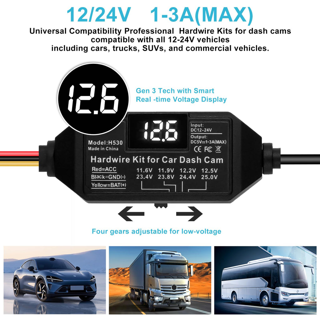 Dash Cam Hardwire Kit USB C, 12V-24V to 5V/3A Adapter Power Cable with Voltage Display, 24/7 Parking Mode, Acc Detection, 4-Level Low Voltage Protection (11.6V/11.9V/12.2V/12.5V)
