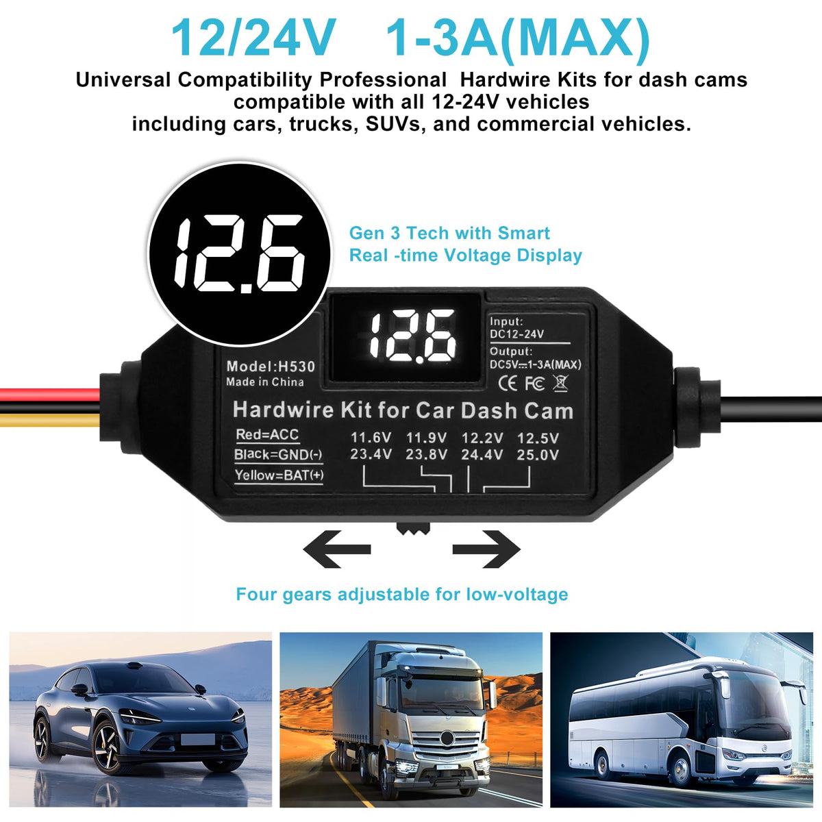 Dash Cam Hardwire Kit USB C, 12V-24V to 5V/3A Adapter Power Cable with Voltage Display, 24/7 Parking Mode, Acc Detection, 4-Level Low Voltage Protection (11.6V/11.9V/12.2V/12.5V)