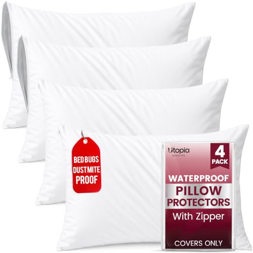 Ultimate Comfort Pillow Protectors with Zipper Standard Size - Set of 4 | Bed Bug & Dust Mite Proof Pillow Cases - 100% Waterproof, Soft & Moisture Wicking Pillow Encasements by Utopia Bedding
