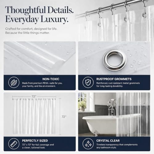 EHZNZIE Crystal Clear Shower Curtain Liner 72x72, PEVA Waterproof Bath Curtain, No Chemical Smell, 3 Weighted Magnets, Durable with Rustproof Metal Grommets