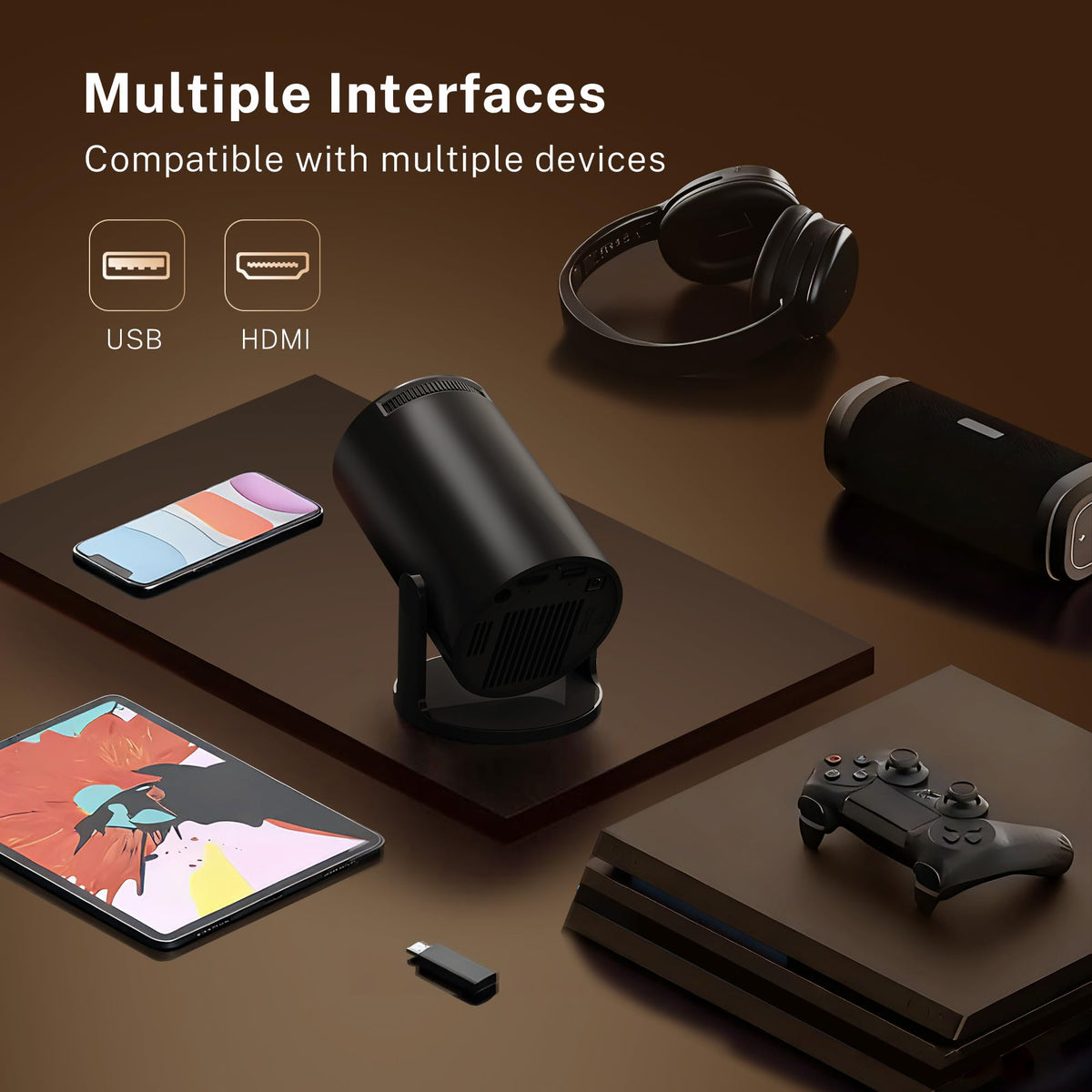 [Built-in Apps] Mini Projector 4K Supported, Android TV OS & Phone Remote | Projector with WiFi 6 & Bluetooth 5.4, Short Throw, Auto Keystone and 180° Rotation for Bedroom, Home Cinema and Outdoor Use