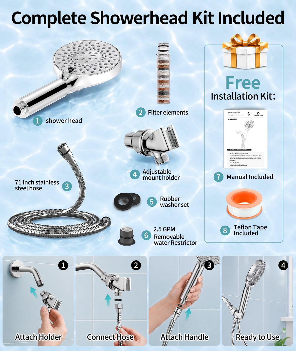 SR SUN RISE Filtered Shower Head with Handheld High Pressure 9 Spray Mode Showerhead Detachable Shower Head Water Softener Filters Beads for Hard Water Remove Chlorine 1 Filter Bright Silver