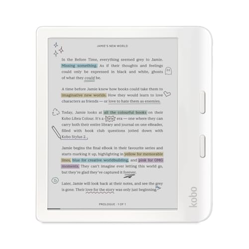 Kobo Libra Colour eReader, 7” Color E Ink, Waterproof, White | 7” Color E Ink Kaleido 3, Dark Mode, Waterproof, eBooks, Audiobooks, Recycled Materials