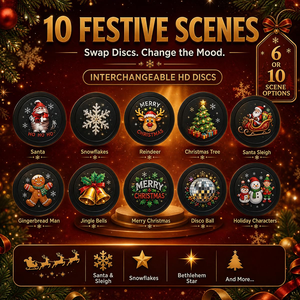 10 Pack Plug and Play HD Christmas Projector, 10 Festive Scenes, 360° Flexible Neck for Bedroom,Home Theater,Car