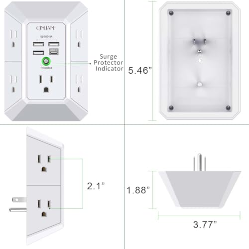 Wall Charger, Surge Protector, QINLIANF 5 Outlet Extender with 4 USB Ports | 1680 Joules, 3-Sided Power Strip, Multi Plug Wall Outlet Adapter Spaced for Home Travel Office, White