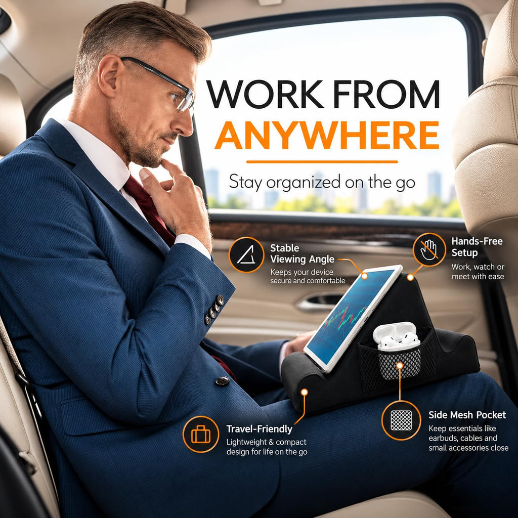 Brookstone Tablet Lap Cushion - Tablet and Phone Holder for Bed, Flights, and Travel, Two Angled Memory Foam Lap Desk for Reading and Hands Free Viewing, Compatible iPad and Kindle Accessories, Black