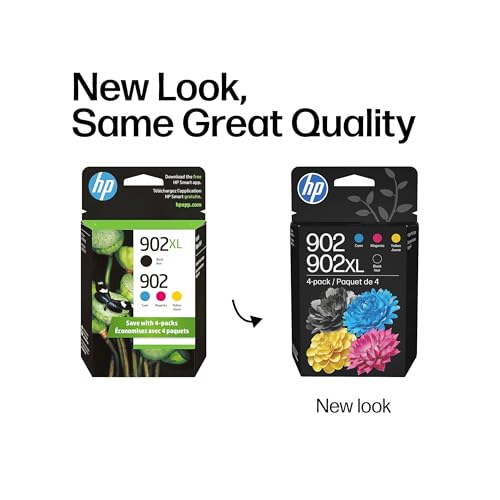 HP 902XL Black + 902 Cyan, Magenta, Yellow Ink Cartridge (Black XL + CMY) | Works OfficeJet 6954, 6958, 6962 OfficeJet Pro 6968, 6975, 6978 | T0A39AN