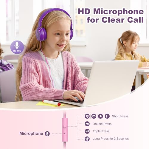 Kids Headphones for School with Microphone, 93dB Volume Limited, PinkPurple | Wired On Ear Headphones for Girls Boys, Foldable Lightweight Headphone for Classroom Learning & Entertainment Travel Computer