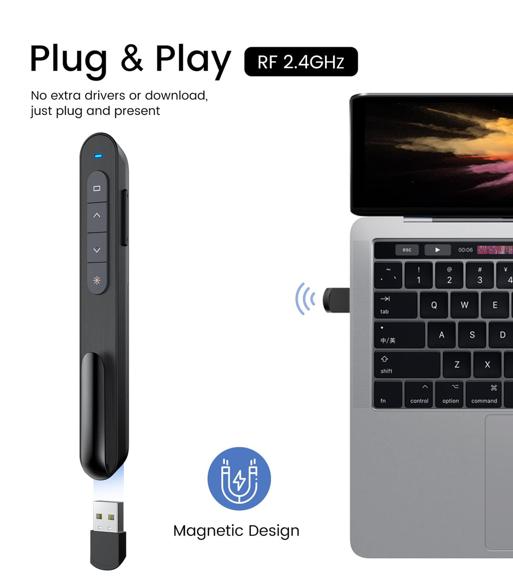 Wireless Presenter, Hyperlink Volume Control Presentation Clicker RF 2.4GHz USB PowerPoint Clicker Presentation Remote Control Pointer Slide Advancer (Black)