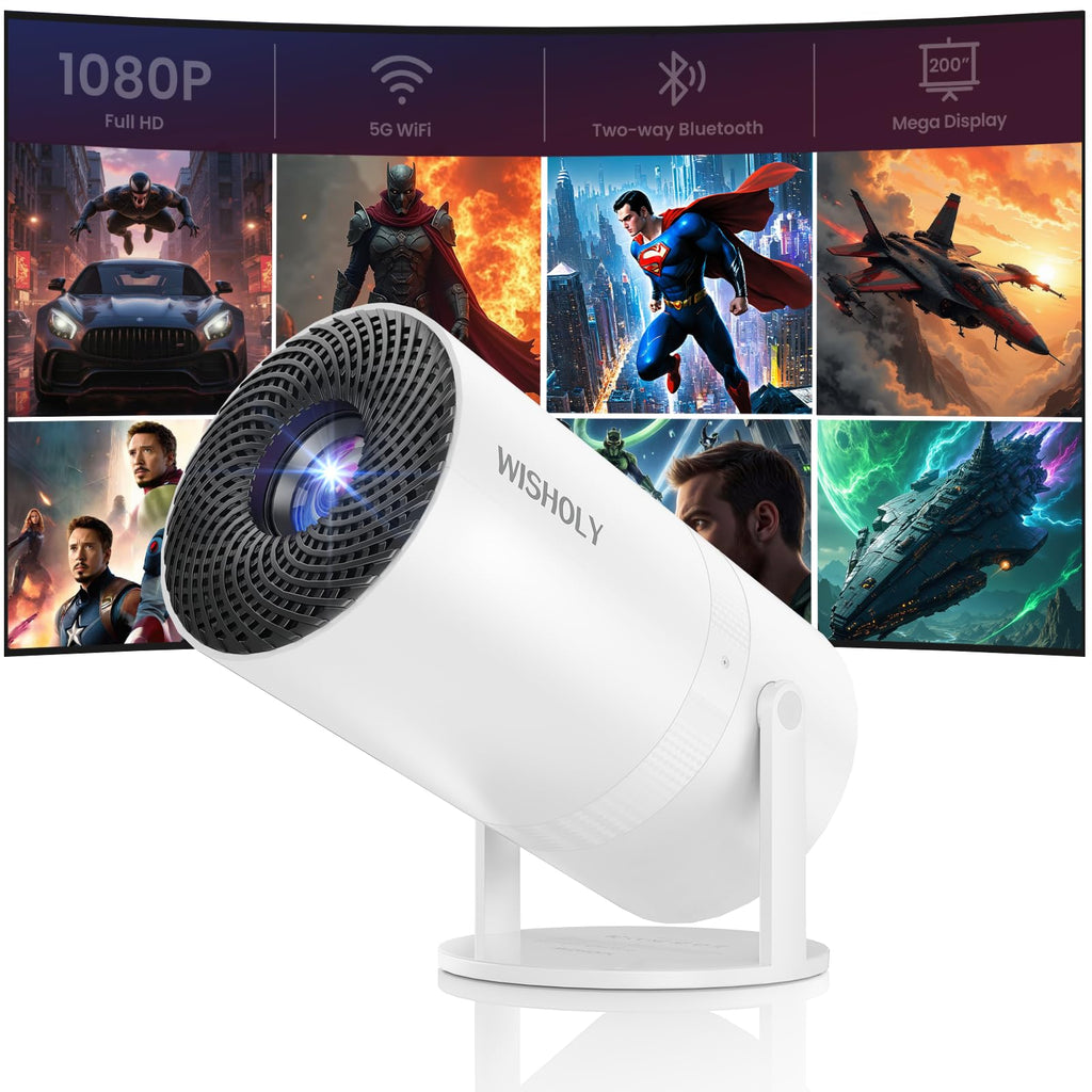 WISHOLY Mini Projector with WiFi and Bluetooth, Portable Movie Projector with 180° Rotatable, 1080P HD Supported, Auto Vertical Keystone, Compatible with Smartphone, TV Stick, Laptop, HDMI, USB