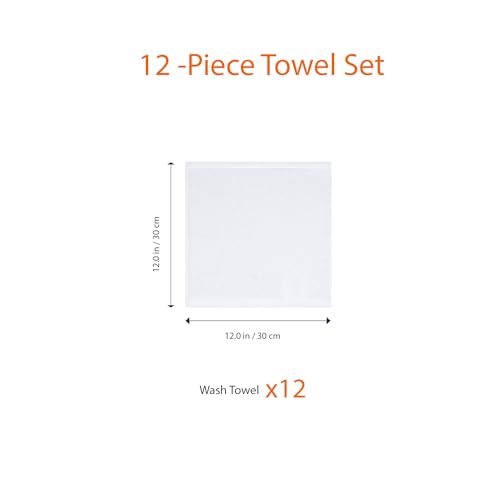 Amazon Basics Cotton Washcloths, Lightweight Quick-Dry, Absorbent Face and Body Towel Set, 12" x 12", White, 12-Pack