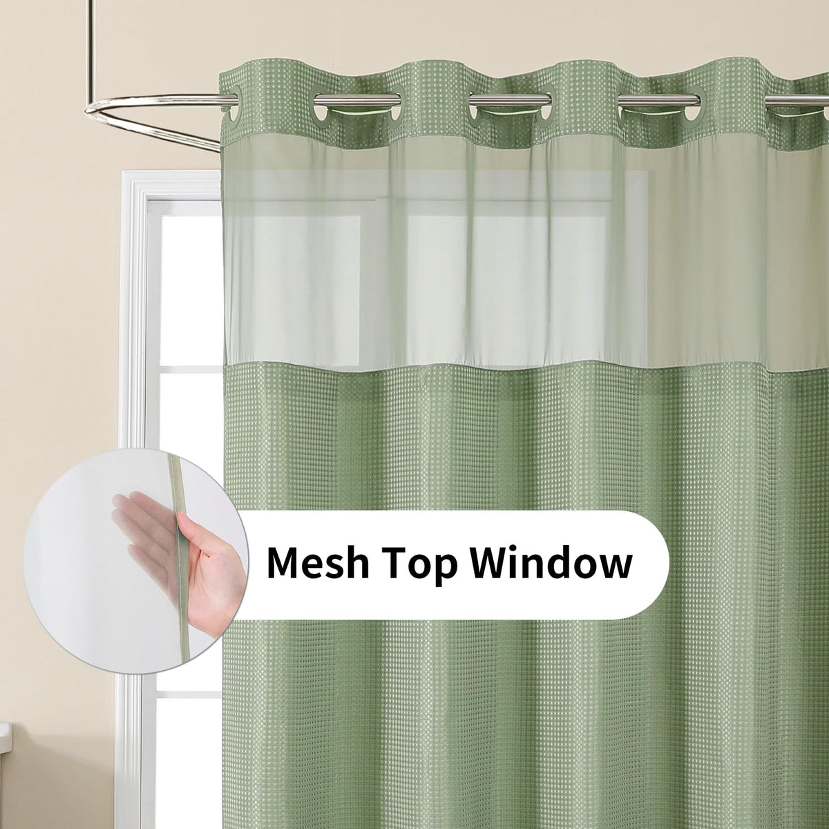 Colorful Star Sage Green No Hook Waffle Shower Curtain Set, 72 x 75 Inch | Waterproof Shower Curtain with Snap in Fabric Liner and Mesh Top Window, Hotel Style Heavy Duty Thick Bathroom Curtain
