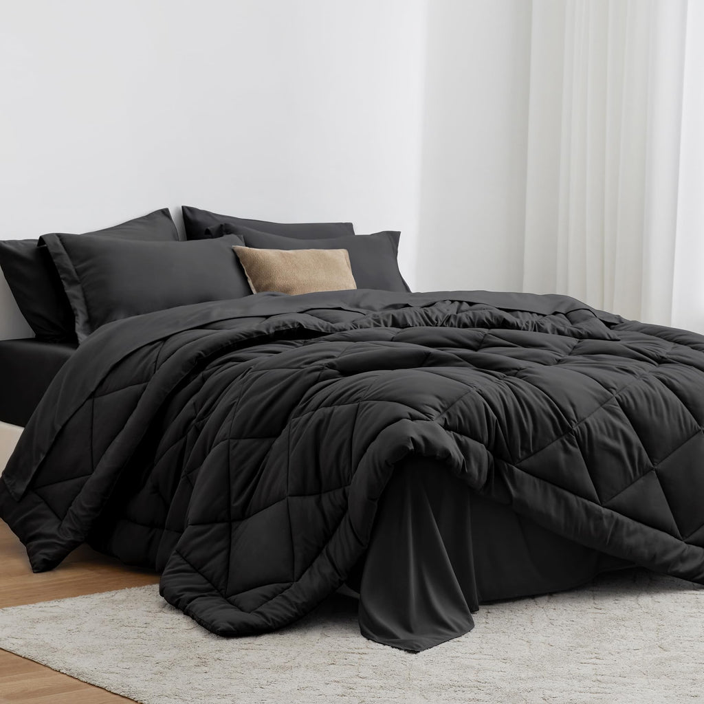 Love's cabin King Size Comforter Set, 7 Pieces Bed in a Bag, Black | OEKO-TEX Certified, All-Season, 1 Down-Alternative Comforter + 1 Flat & Fitted Sheets + 2 Pillowcases + 2 Pillow Shams
