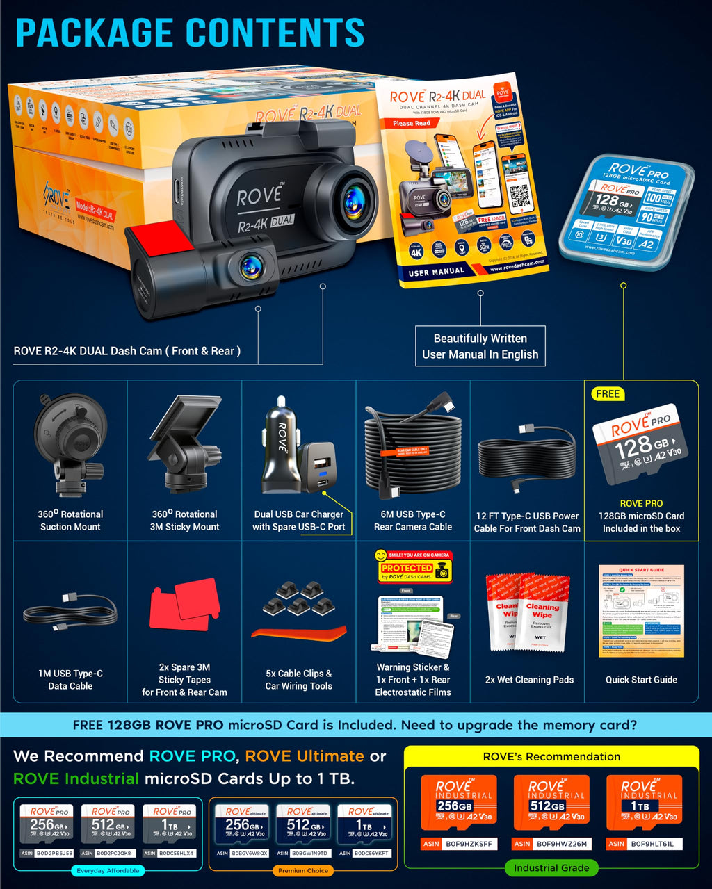ROVE R2-4K Dual Dash Cam Front and Rear, STARVIS 2 Sensor, Free 128GB Card | 4K Upscaled Front + FHD Rear Recording, 5.8GHz WiFi, 20MB/s Download Speed, App, GPS, 3" IPS, 24Hr Parking Mode, Night Vision