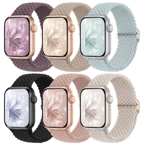 6 Pack Braided Stretchy Bands Compatible with Apple Watch Band Women Men | 38/40/40/42/44/45/46/49mm Adjustable Nylon Solo Loop Elastic Strap for iWatch Series 12 11 10 9 8 7 6 5 4 SE Ultra 4