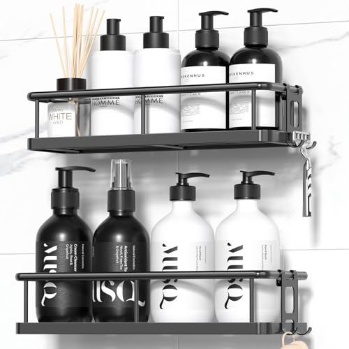 YASONIC Shower Caddy Adhesive, Rustproof Shower Organizer, Large Capacity Shower Shelves for Inside Shower, No Drilling Bathroom Organizers and Storage for Home Decor （2 Pack Black）