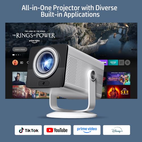 HP Projector Built-in Apps, USB-C Power Bank Compatible for Outdoor MC400 | Portable Mini Projector with WiFi 6 and Bluetooth 5.4, 1080P/4K Supported, Auto Keystone & 90° Rotatable, Smart Android TV OS