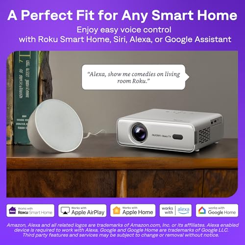 Aurzen Roku TV D1R Smart Portable Outdoor Projector with WiFi and Bluetooth | Roku TV Built-in, All Top Apps, 1080P FHD, DoIby Audio, Auto Focus & Keystone, Zoom, Mini Projector for Home & Outdoor Movies