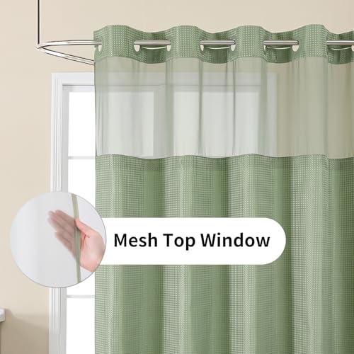 Colorful Star Sage Green No Hook Waffle Shower Curtain Set, 72 x 75 Inch | Waterproof Shower Curtain with Snap in Fabric Liner and Mesh Top Window, Hotel Style Heavy Duty Thick Bathroom Curtain