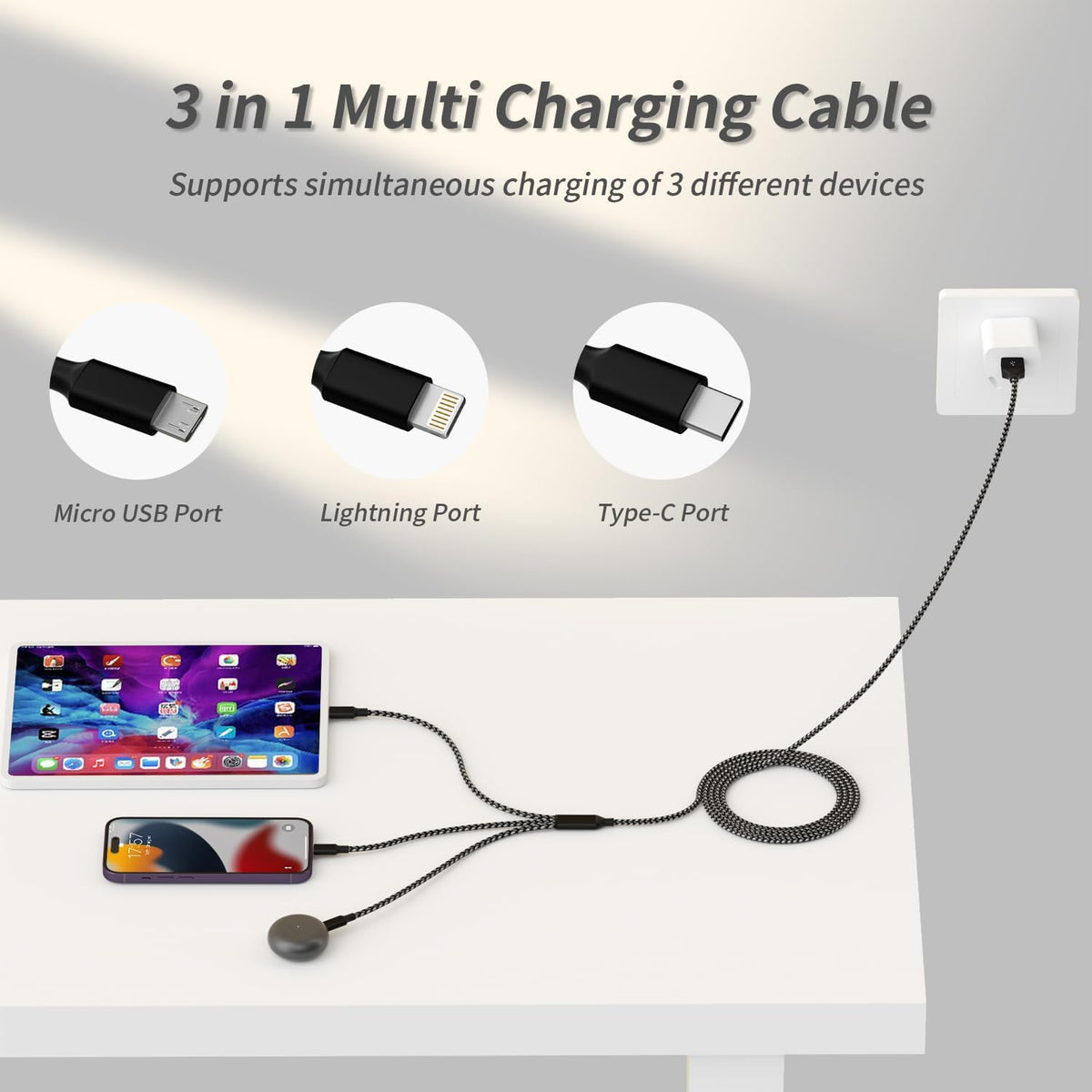 3 IN 1 Multi Charging Cable, Phone Chargers for Multiple Devices, 2Pack 4FT | USB Cable Charging Cords with Type-C, IP, Micro USB for iPhone 17-8/Android/Office/Home, Car Accessories Travel Essentials