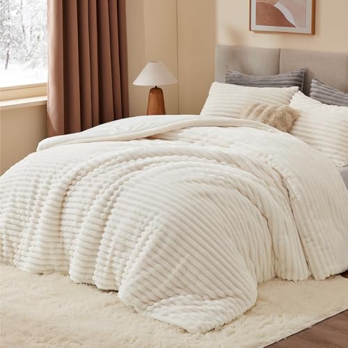 BEDELITE Fleece Queen Comforter Set, Fluffy Bed Set, Cream White | Super Soft & Warm Bedding, Luxury Fuzzy Faux Fur Comforter for Winter, Heavy Plush Bedding, with 2 Pillowcases