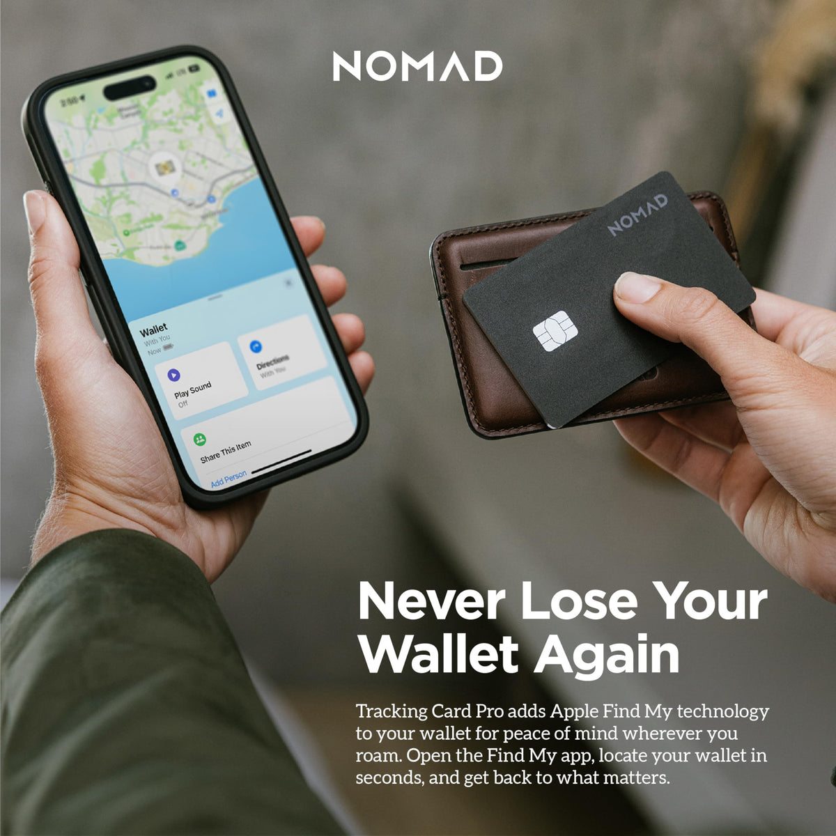 Nomad Tracking Card Pro Black, Premium Wallet Tracker with Apple Find My, 16-Month Battery Life, IPX7 Waterproof, Polycarbonate and Aluminum Design, TSA Approved, Wireless Rechargeable, iOS Only