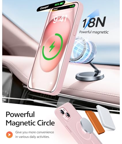 FNTCASE for iPhone 15/14/13 Case, Fit for Magsafe, Glass Screen Protector | Translucent Matte, Magnetic Phone Cases, 14FT Military Grade Drop Protection, Slim Shockproof Protective Cover, Light Pink