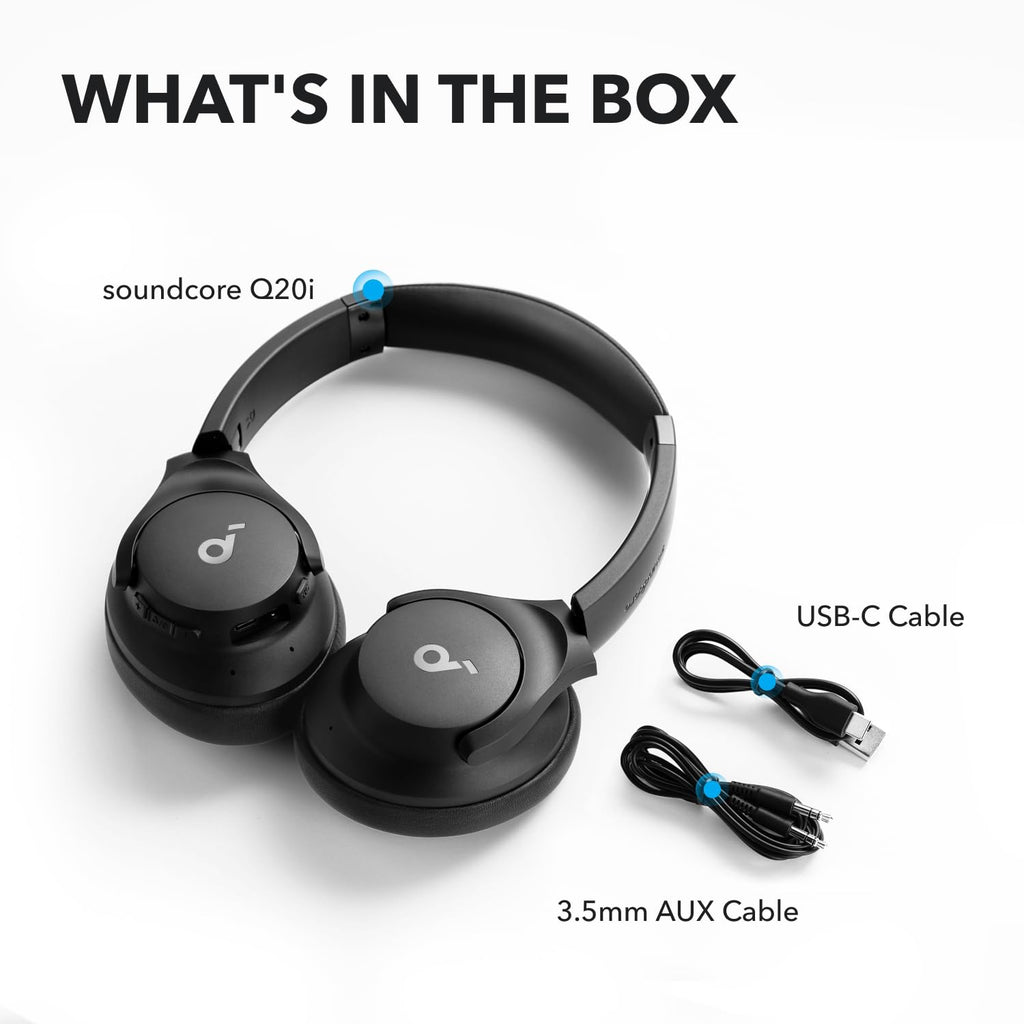 Soundcore by Anker Q20i Hybrid Active Noise Cancelling Headphones, Black | Over-Ear, Bluetooth, 40H ANC Playtime, Hi-Res Audio, Big Bass, Transparency Mode, Customize via App, Travel, Home, Office
