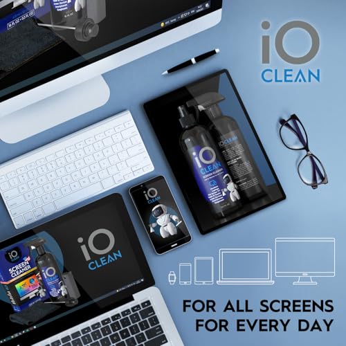 iO CLEAN 16oz Screen Cleaner Spray – Best Large Cleaning Kit | for LCD, LED & OLED TV, Smartphone, iPad, Laptop, Touchscreen, Computer Monitor, Microfiber Cloth Wipes & 2 Nozzles