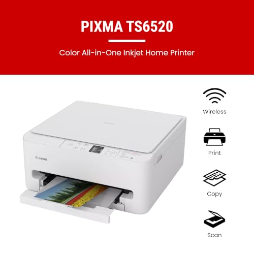 Canon PIXMA TS6520 Wireless Color Inkjet Printer, Duplex Printing, Copier/Scanner, 1.42" OLED Display, Compact, White