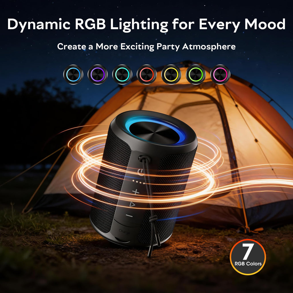 DUDGSIS Portable Bluetooth Speaker, 20W Stereo, IPX7 Waterproof, RGB Light | 15H Playtime, Bluetooth 5.3, TWS Pairing & AUX Input; Compact Outdoor Speaker for Shower, Pool, Beach & Hiking
