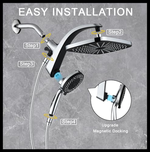 Rain Shower Head with Handheld Showerhead, Chrome 1.8GPM 460311 | 12" High Pressure Rainfall Shower Heads, 9 Sprays Handheld Showerheads, Magnetic Docking, Power Jets, 59" Shower Hose