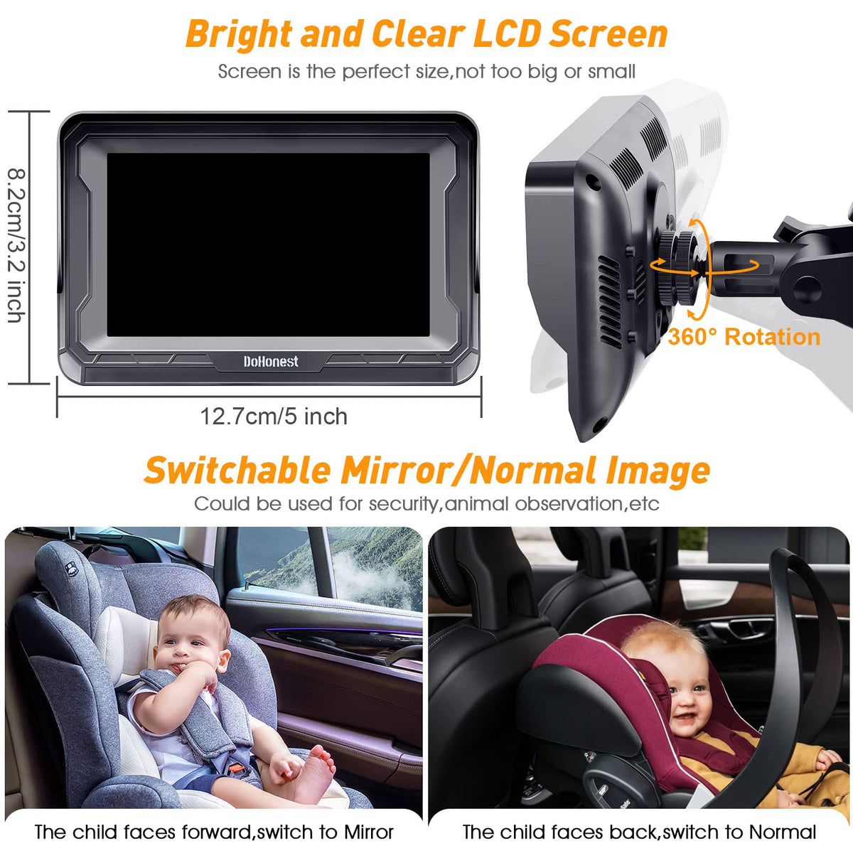 DoHonest Baby Car Camera HD 1080P: Rear Facing Car Baby Monitor Clear Image | Crystal Night Vision, Adjustable View Angle, Easy Setup, Anti-Glare Display, Safety for Kids & Infants