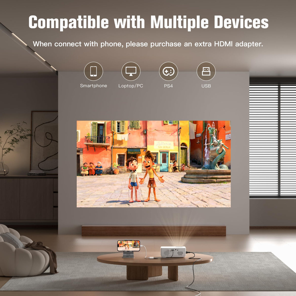 AuKing Projector, 2024 Upgraded Mini Projector, Full HD 1080P Home Theater Video Projector, Compatible with HDMI/USB/AV/Smartphone/TV Box/Laptop