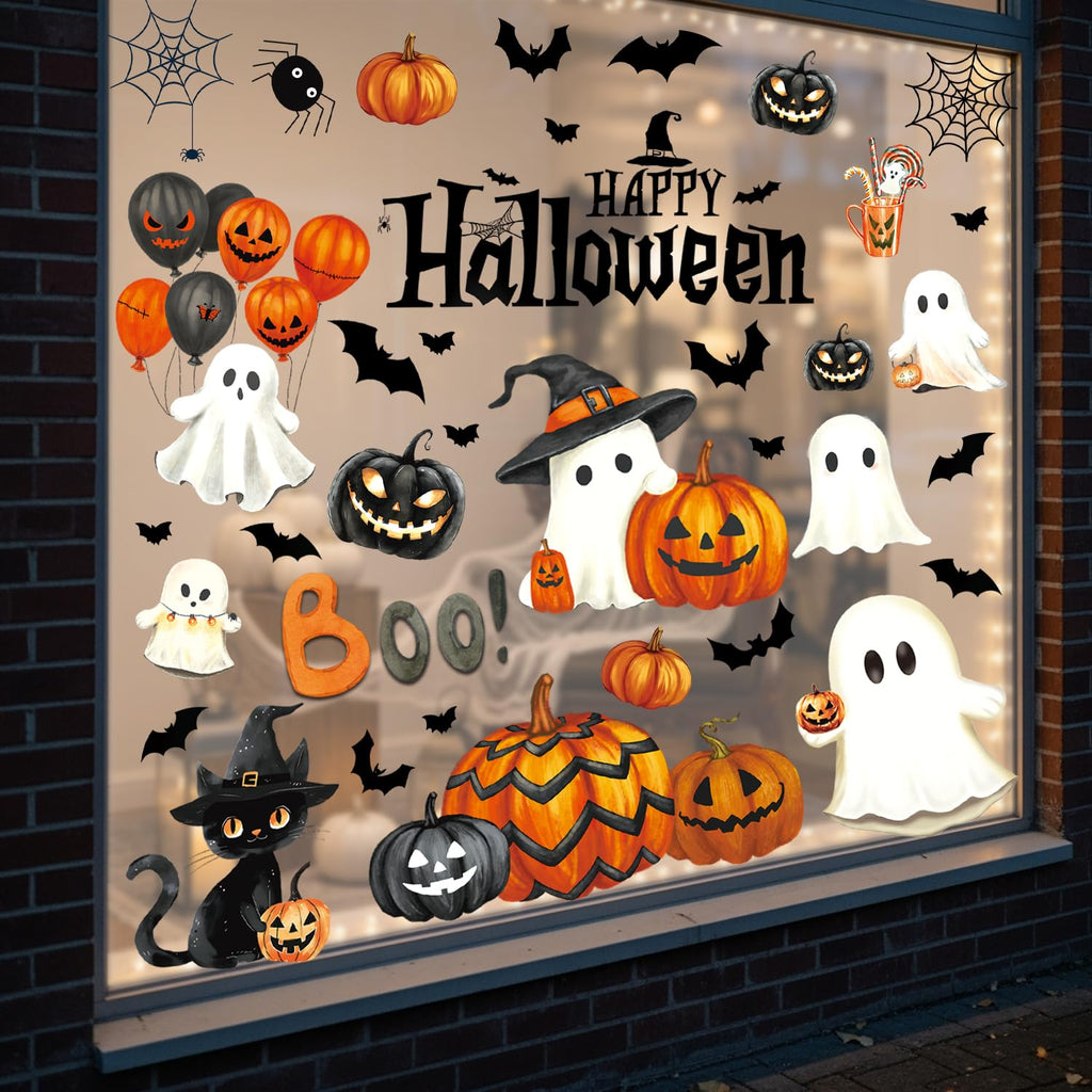 Halloween Window Clings Stickers Decor Fall Halloween Decorations Indoor | 8 Sheets Large Ghost Pumpkin Window Clings for Glass Windows & Doors, Holiday Window Decals for Home Office Classroom Parties