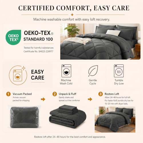 CozyLux Queen Comforter Set 88"x88" Dark Grey - 7 Piece Bed in a Bag | Fits Mattresses up to 14in, Sheets & Shams Included, OEKO-TEX Certified, 240GSM All-Season Fill, Couples & Guest Rooms