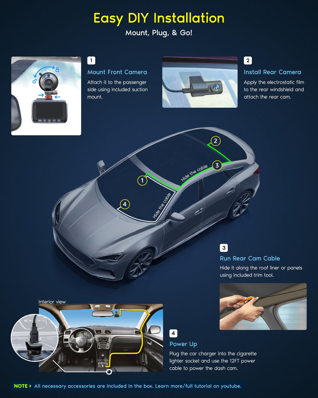 ROVE R2-4K Dual Dash Cam Front and Rear, STARVIS 2 Sensor, Free 128GB Card | 4K Upscaled Front + FHD Rear Recording, 5.8GHz WiFi, 20MB/s Download Speed, App, GPS, 3" IPS, 24Hr Parking Mode, Night Vision