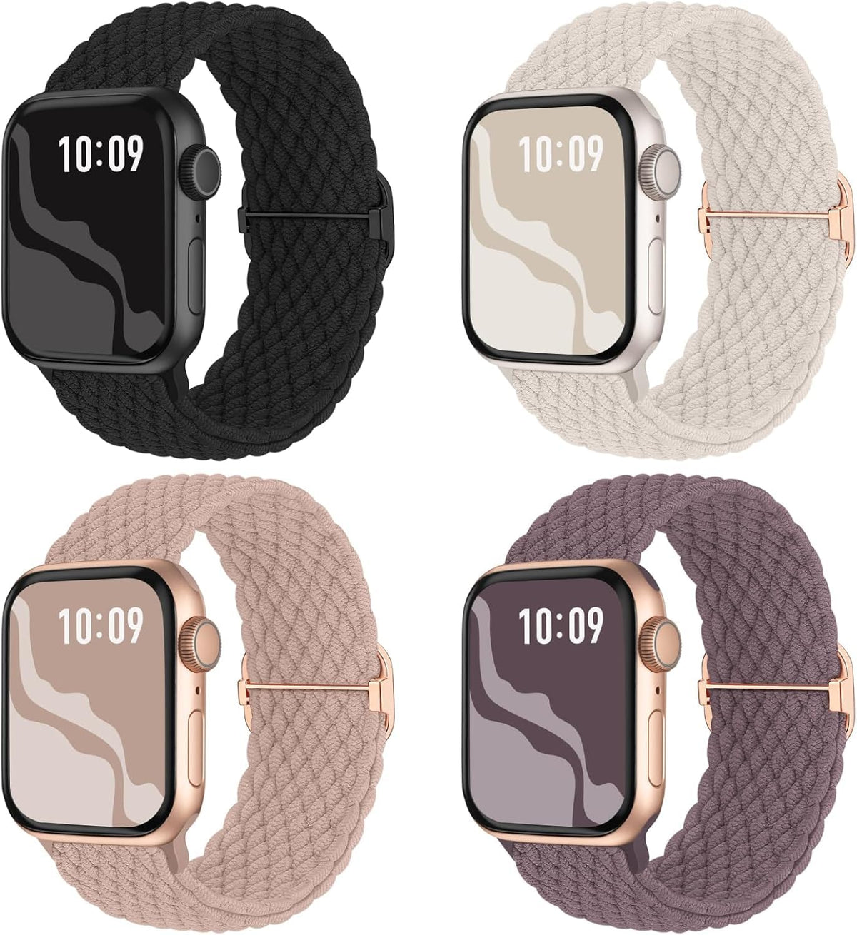 4 Pack Braided Stretchy Band Compatible with Apple Watch Bands Women Men | 40/41/38/42/44/45/46/49mm Breathable Nylon Elastic Daily Use Straps for iWatch Series 12 11 10 9 8 7 6 5 4 3 SE Ultra 4-1