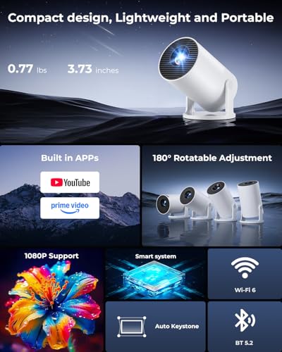 Mini Projector, Portable Projector with Wifi and Bluetooth, Built in Apps | Support 4K 1080P, 180° Rotation, Auto Keystone, Movie Projector Compatible With HDMI/USB/TV Stick/Smartphone/Laptop
