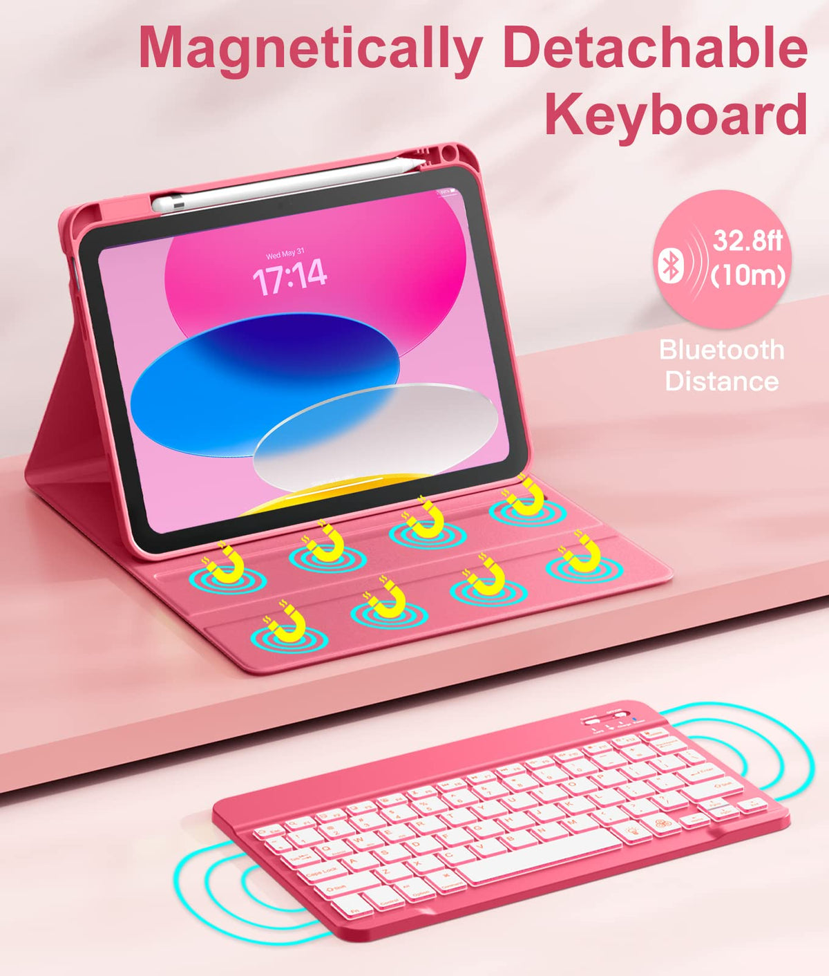 Hamile for iPad A16 11th 10th Generation Case with Keyboard - Wireless | Backlit Detachable Folio Keyboard Cover, Pencil Holder, for iPad A16 11-inch 2025 10th Generation 10.9 Inch 2022, Pink