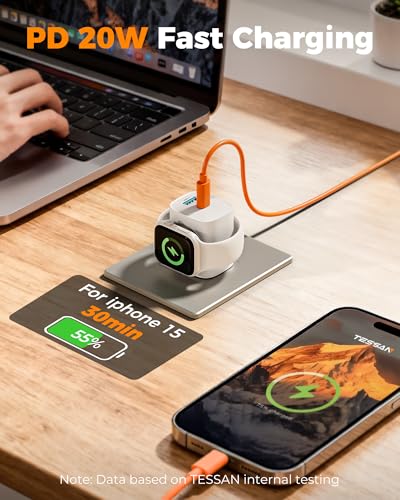 TESSAN Charging Blocks for Apple Watch Charger, USB C Charger Block 3-in-1 | PD20W USB C Fast Charging Dual Ports for iPhone 17/16/15, AirPods, iWatch, Travel Essentials, Drom Office Accessories, White