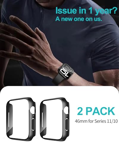 Smiling 2 Pack Case Built in Tempered Glass Screen Protector Compatible with Apple Watch Series 11 (2025)/Series 10 46mm, Hard PC Case Overall Protective Cover- Black