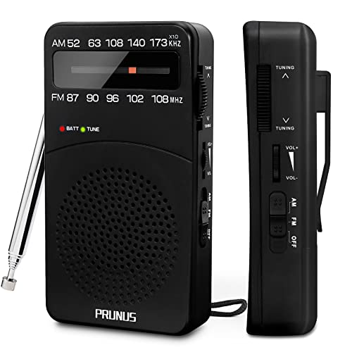 PRUNUS J-166 Portable Radio AM FM, Battery Operated Radio | Tuning Light, Back Clip, Layard, Excellent Reception, AM FM Radios Portable, Transistor Radios