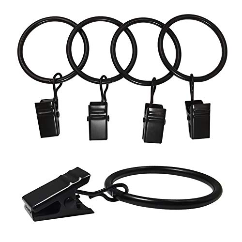 AMZSEVEN 40 Pack Metal Curtain Rings with Clips, 1.26 in ID, Black | Curtain clip rings fit rods up to 1 inch in diameter; securely hold curtains, baby pants on hangers and hair bows