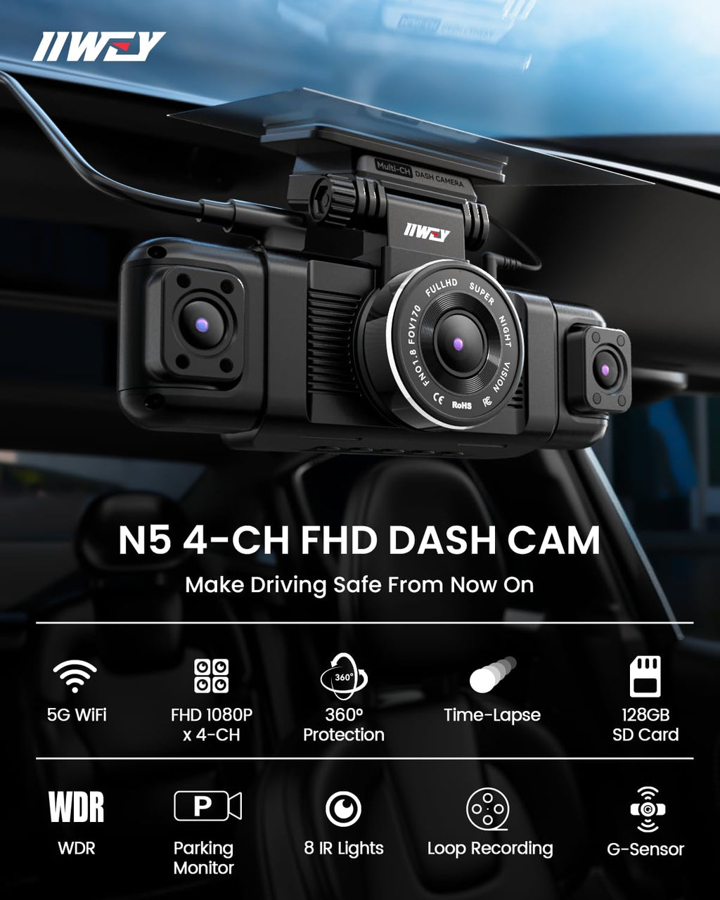 IIWEY N5 4 Channel Dash Cam for Cars, 360° View 2K Front 1080P Rear Inside | Includes 128GB Card, 5G WiFi & APP Control, IR Night Vision, G-Sensor, 24 Hours Parking Mode