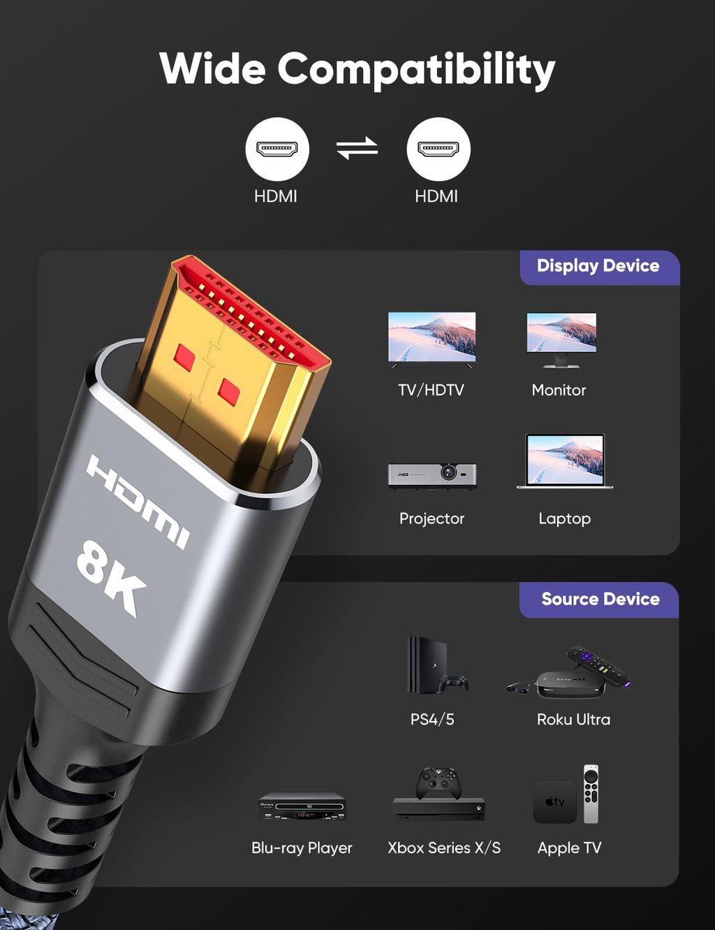 Highwings 8K HDMI 2.1 Cable 2-Pack 6.6FT, Certified 48Gbps Ultra High Speed | Braided Slim HDMI Cord, 8K60Hz 4K@120Hz 8K@60Hz, HDCP 2.2&2.3, eARC,Dynamic HDR,DTS:X Compatible for PS5/Blu-ray/Roku TV/HDTV