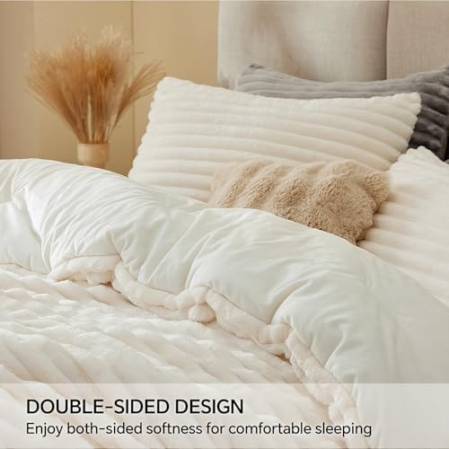 BEDELITE Fleece Queen Comforter Set, Fluffy Bed Set, Cream White | Super Soft & Warm Bedding, Luxury Fuzzy Faux Fur Comforter for Winter, Heavy Plush Bedding, with 2 Pillowcases