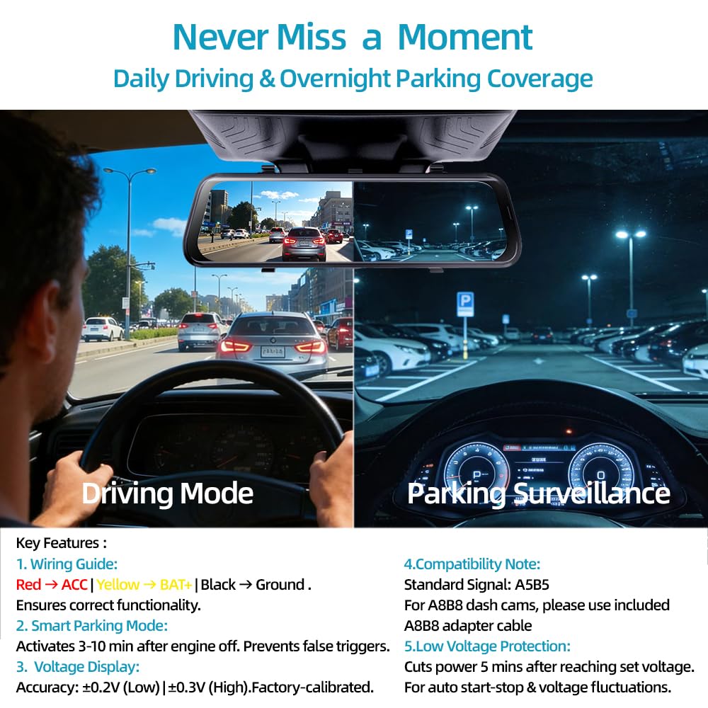 Dash Cam Hardwire Kit USB C, 12V-24V to 5V/3A Adapter Power Cable with Voltage Display, 24/7 Parking Mode, Acc Detection, 4-Level Low Voltage Protection (11.6V/11.9V/12.2V/12.5V)