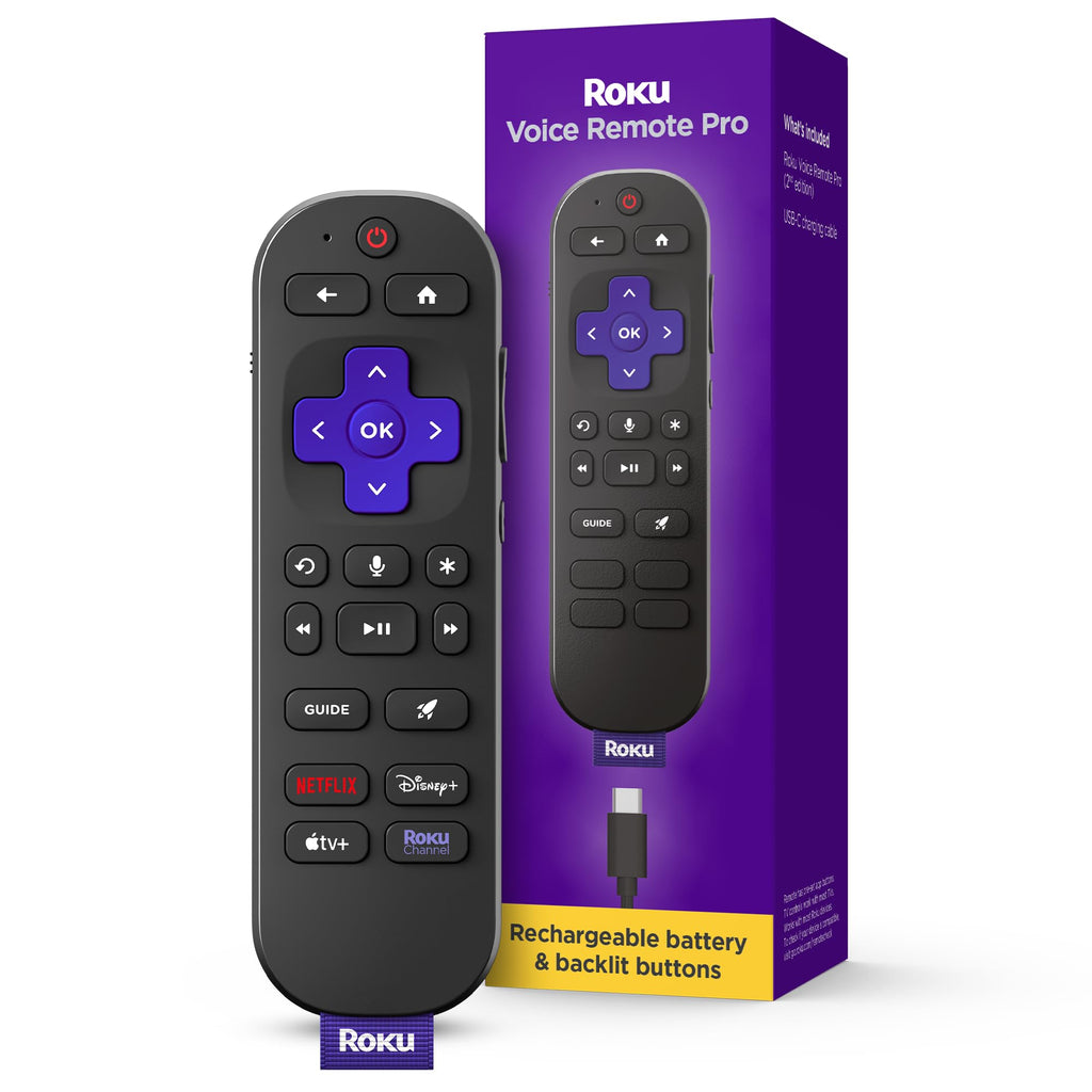 Roku Voice Remote Pro (2nd Ed.), TV Remote Control with Backlit Buttons | Hands-free Voice Controls, Rechargeable, & Lost Remote Finder - Replacement Compatible with All Roku TV, Players & Audio